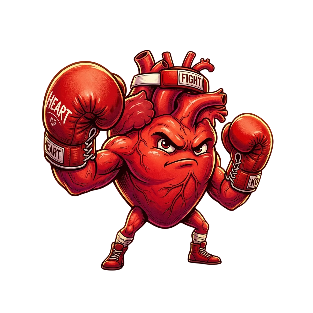 A cartoon heart wearing boxing gloves and headgear with the words Fight and KO, ready to throw punches.