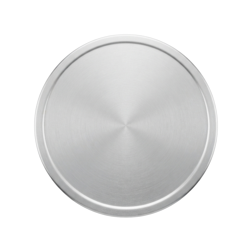 A shiny, smooth stainless steel round serving tray with a slightly raised edge