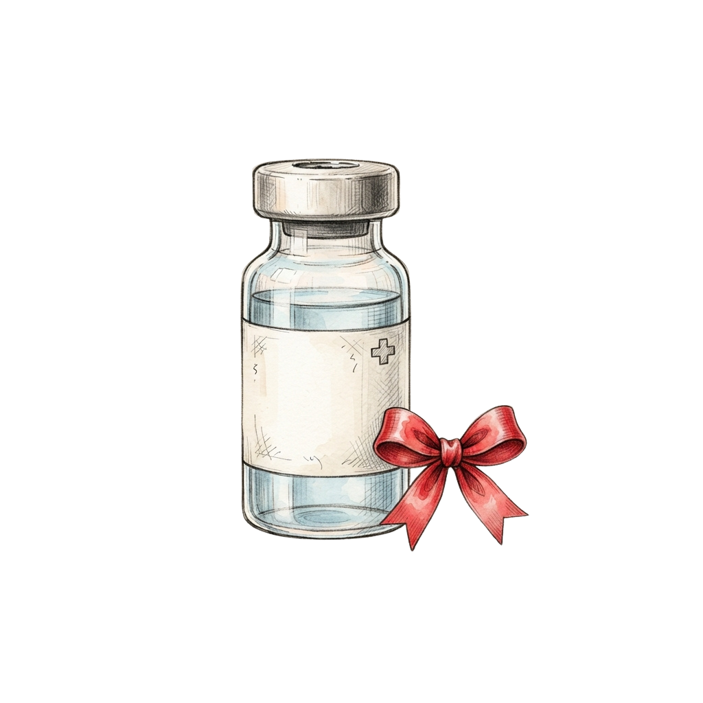 A clear glass vial with a silver top and a red decorative bow attached, resembling a medical syringe or vaccine bottle