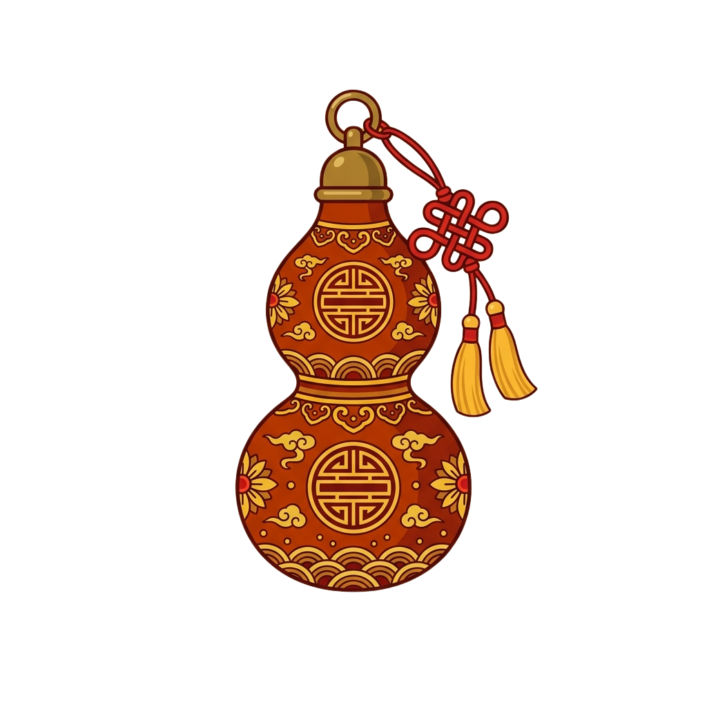 Decorative red gourd keychain with gold Chinese symbols and tassels hanging from a red cord