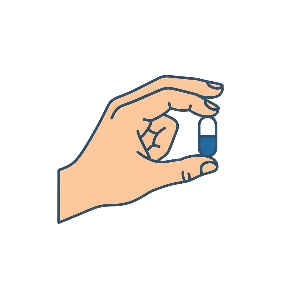 Illustration of a hand holding a single blue capsule pill with an OK sign gesture