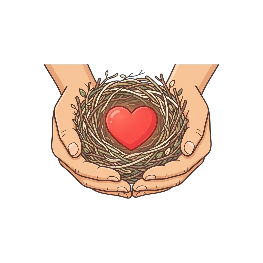 Two hands gently cradling a bird's nest with a red heart inside, symbolizing care and protection.