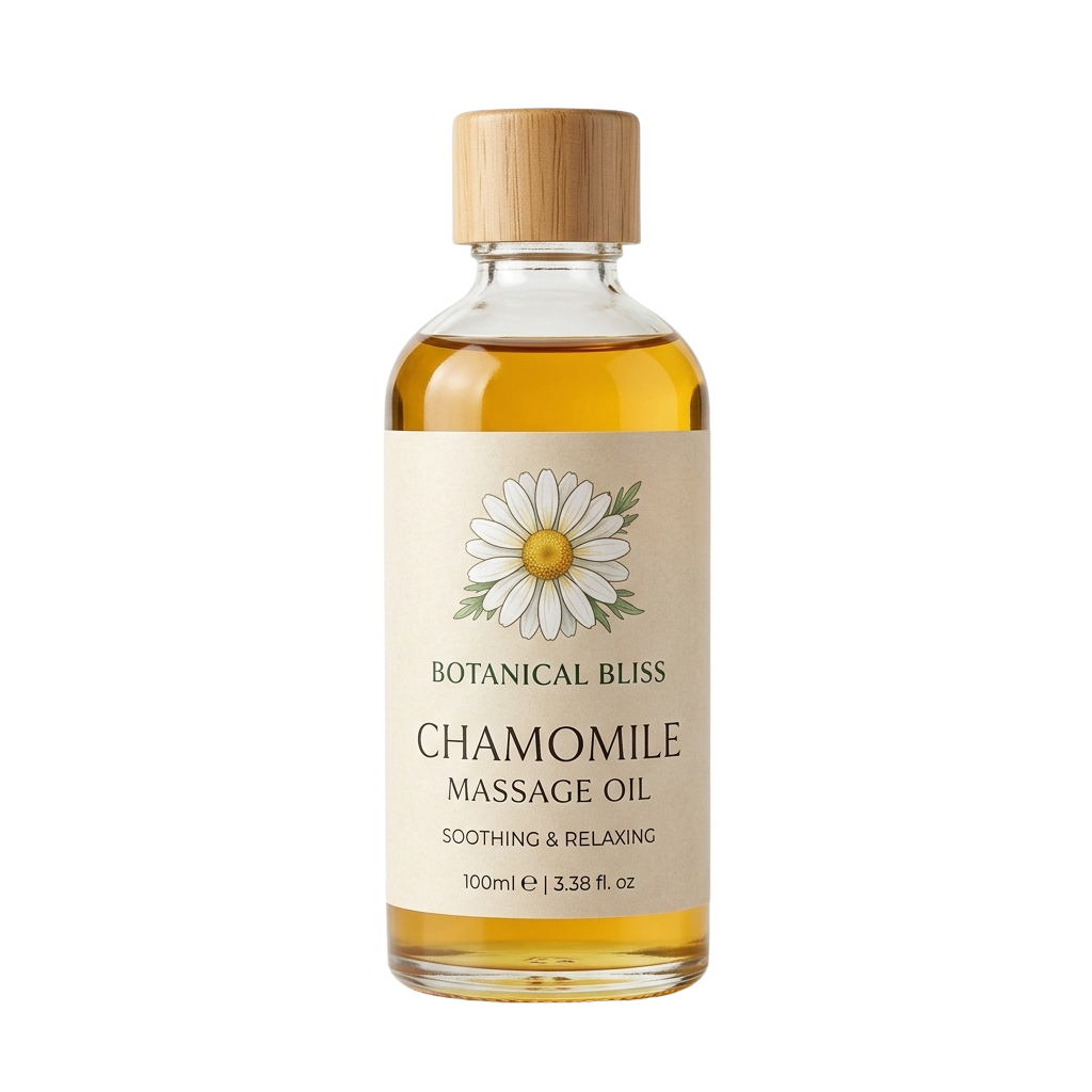 Bottle of chamomile massage oil with wooden cap and daisy label against black background