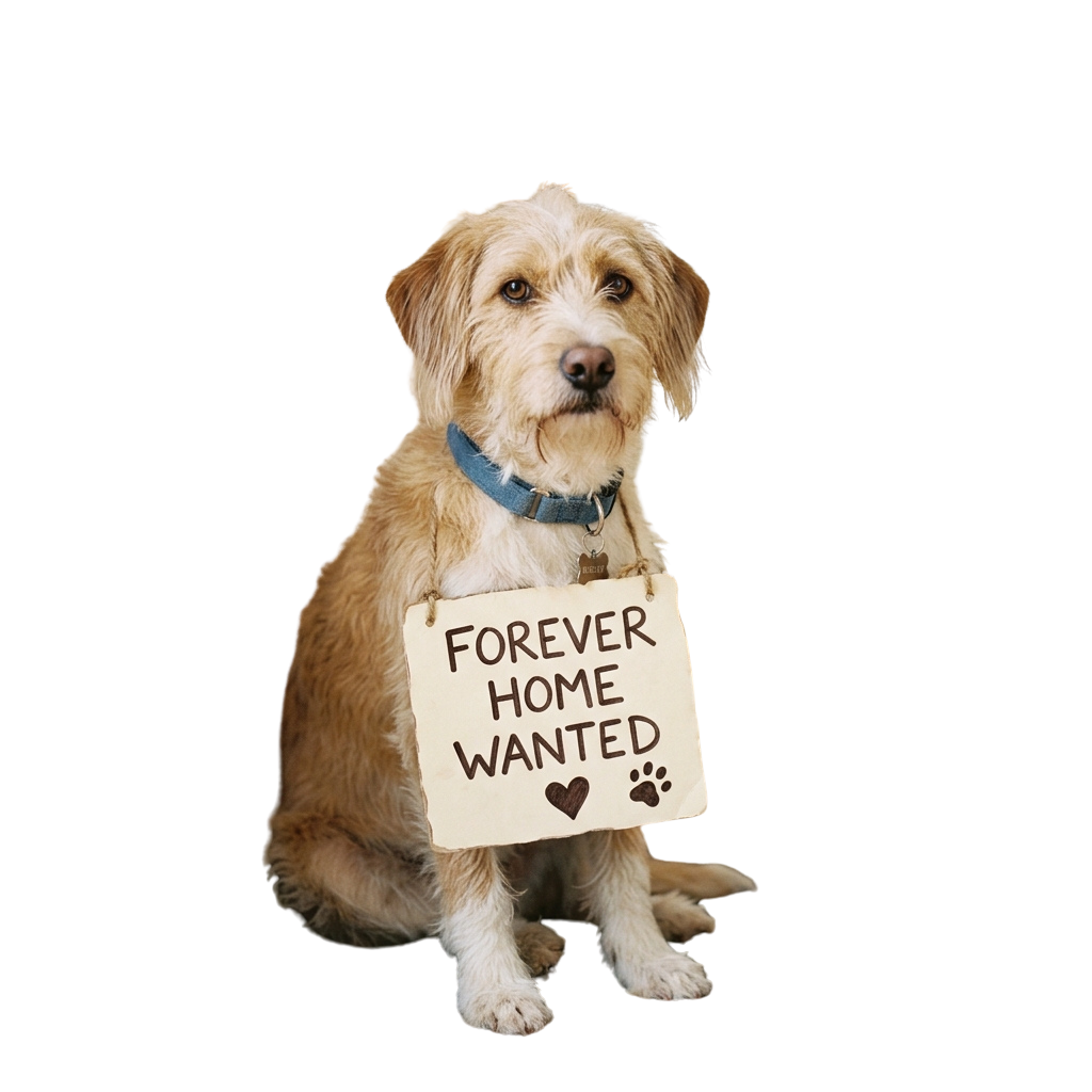 A light brown dog with a blue collar holding a sign that reads Forever Home Wanted with paw print and heart icons