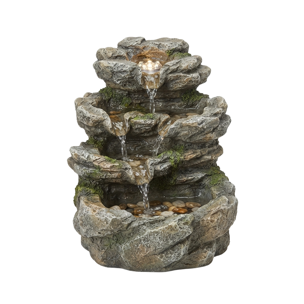 A multi-tiered rock water fountain with cascading water and pebbles at the base