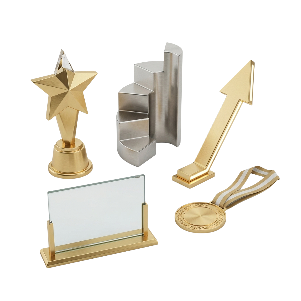 Four metallic award items including a star trophy, upward arrow plaque, medal on ribbon, and a blank plaque stand on a black background