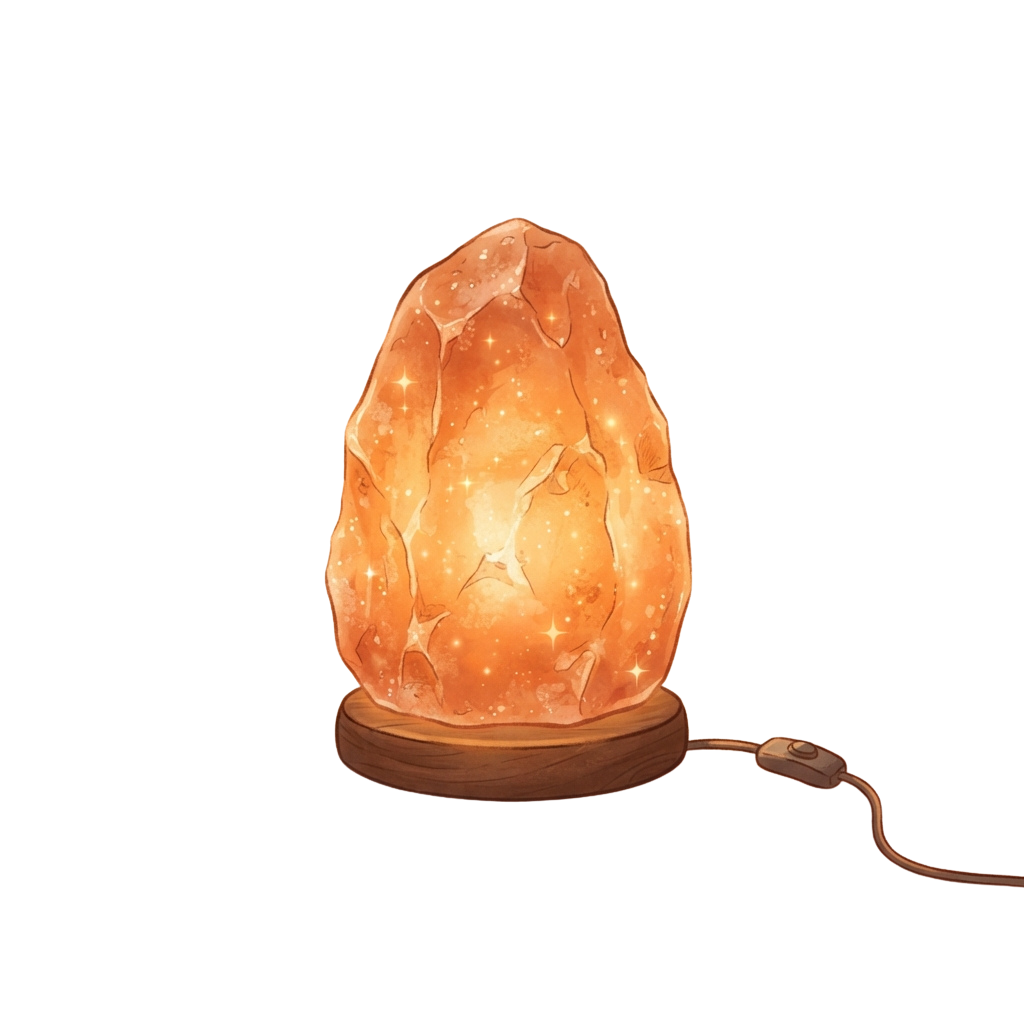 A glowing orange Himalayan salt lamp emitting warm light on a dark background