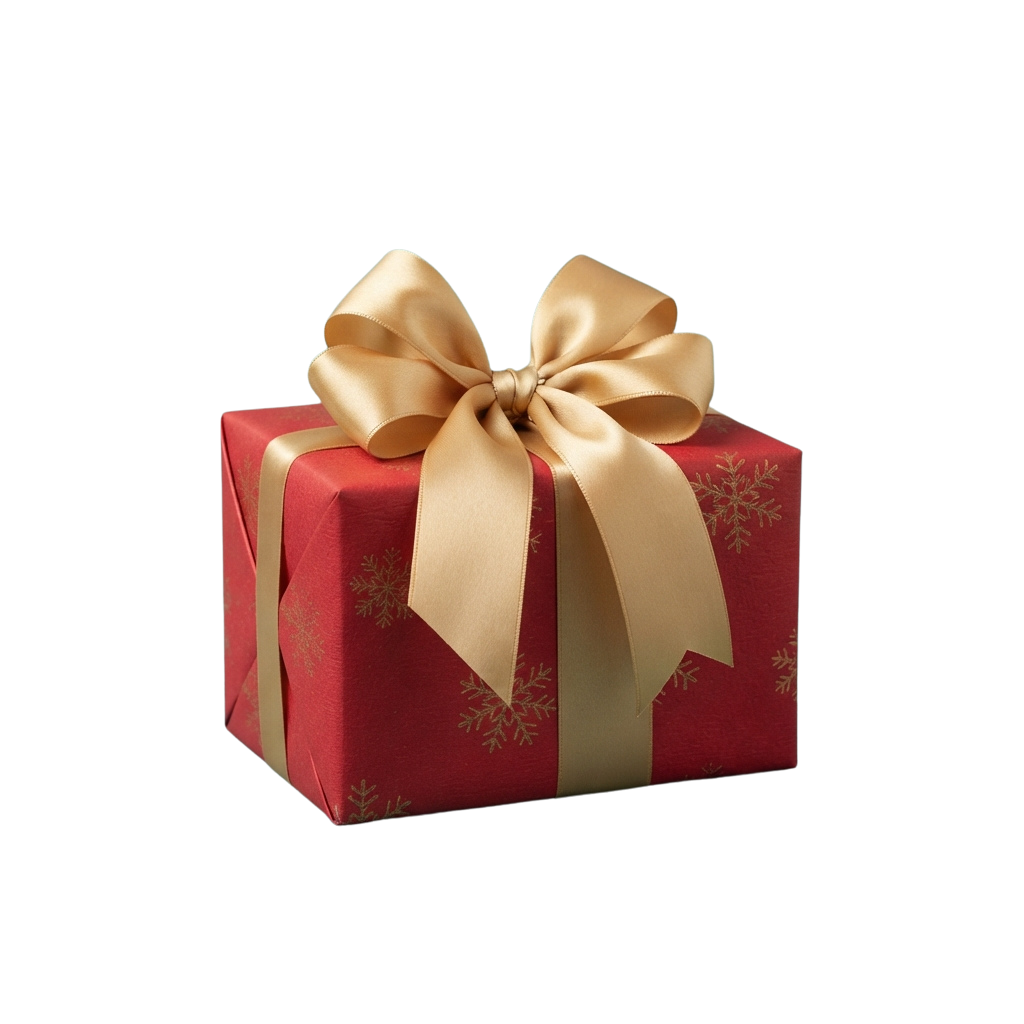 A red gift box wrapped with gold ribbon tied in a decorative bow and snowflake patterns