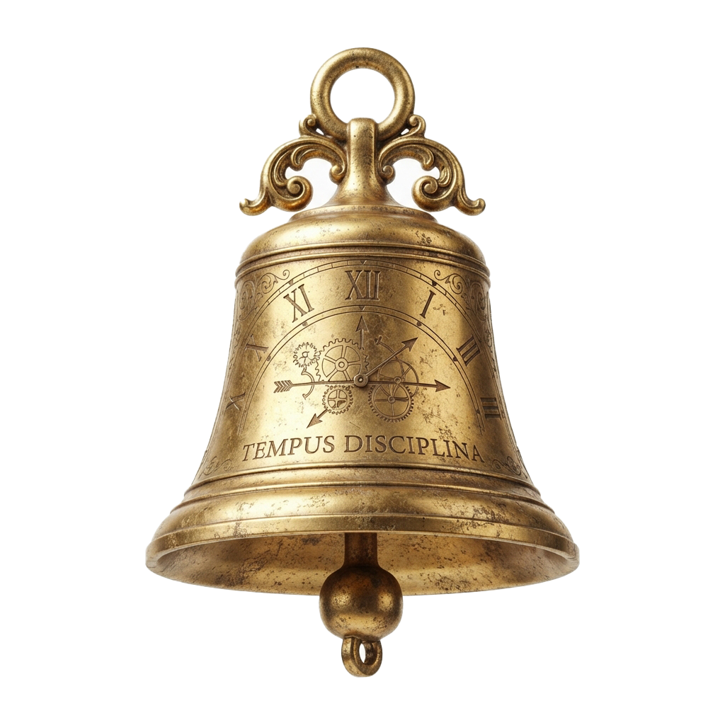 A brass-colored bell featuring a clock face with Roman numerals and gears, inscribed with Tempus Disciplina