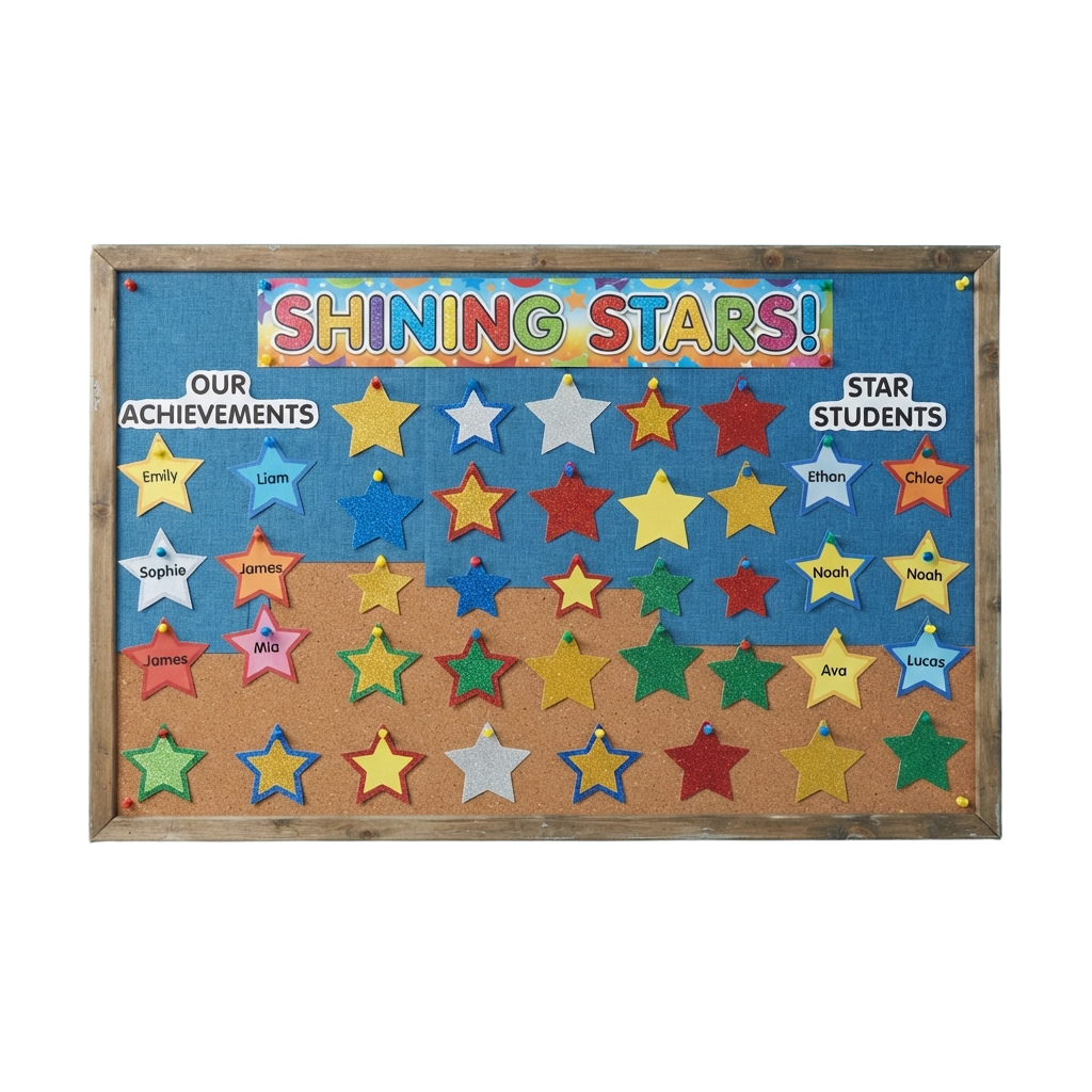 Colorful bulletin board with star-shaped cutouts displaying student names under Our Achievements and Star Students headings