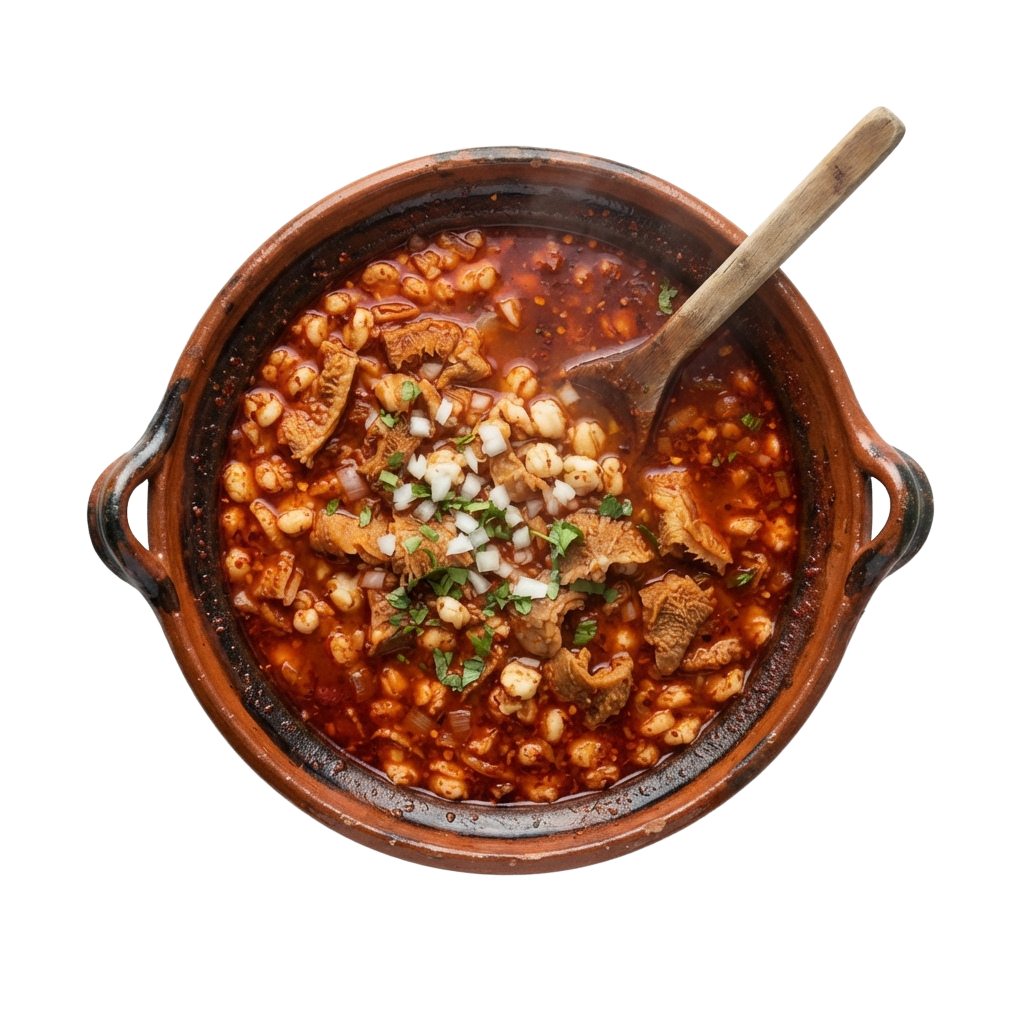 A clay pot filled with a hearty stew containing chickpeas, meat chunks, and garnish, served with a wooden spoon.