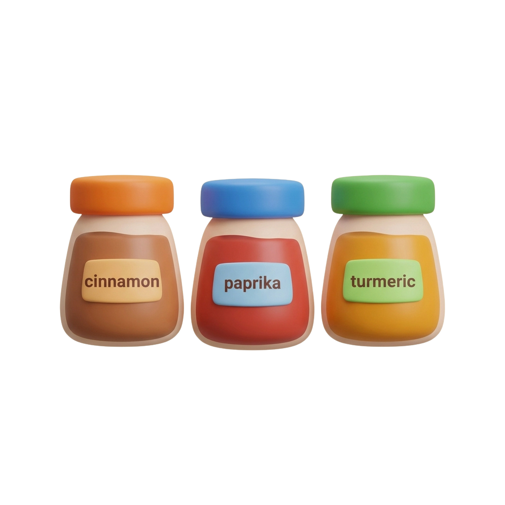 Three jars labeled cinnamon, paprika, and turmeric with orange, blue, and green lids respectively