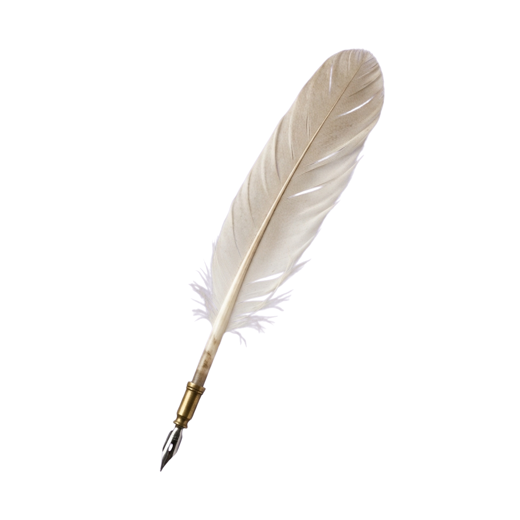 A white feather quill pen against a black background