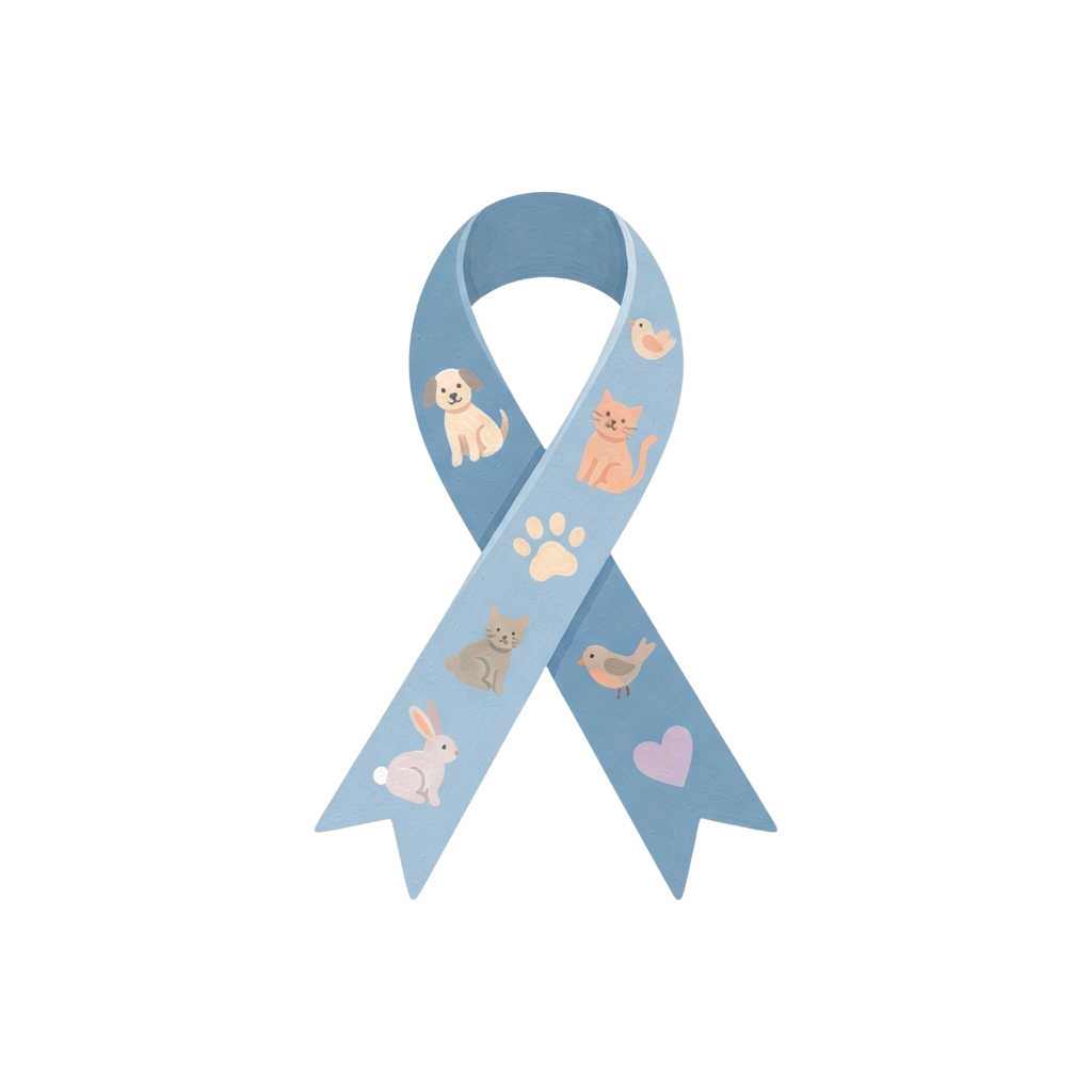 Light blue awareness ribbon featuring illustrations of a dog, cat, bird, rabbit, paw print, and heart