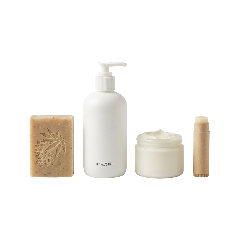 Four CBD skincare products: bar soap, pump lotion bottle, cream jar, and roll-on applicator.