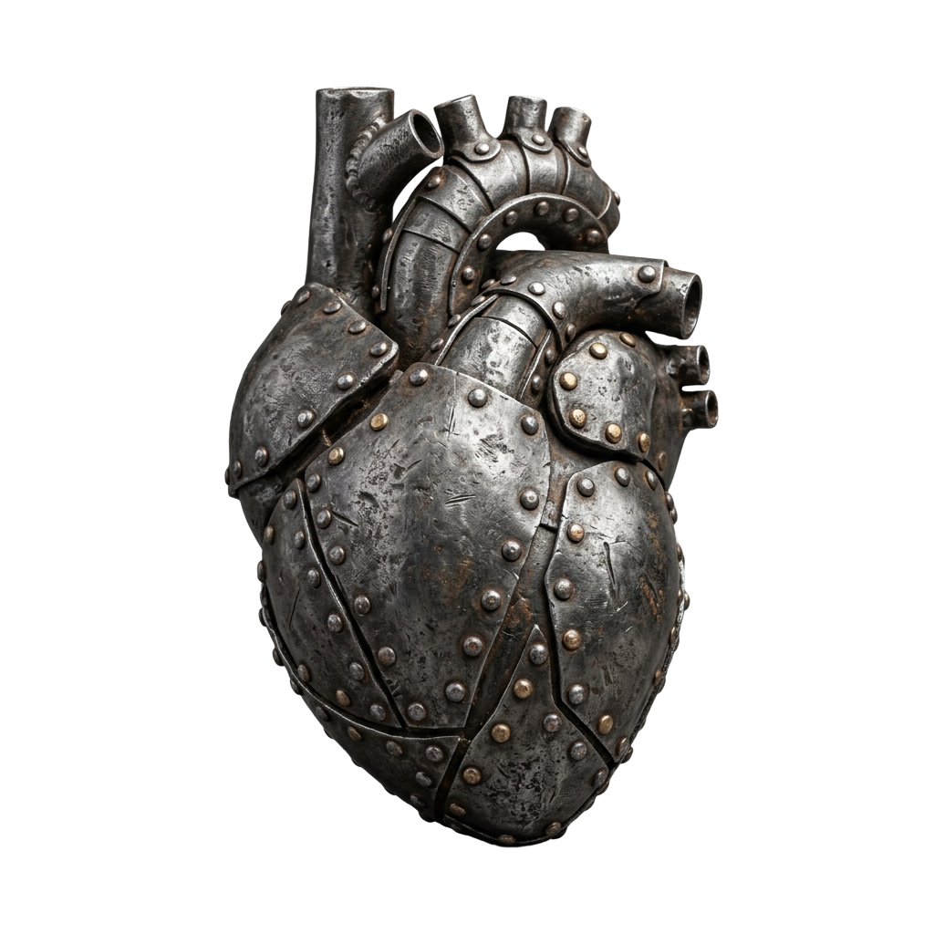 A detailed steampunk mechanical heart sculpture with rivets and pipes.