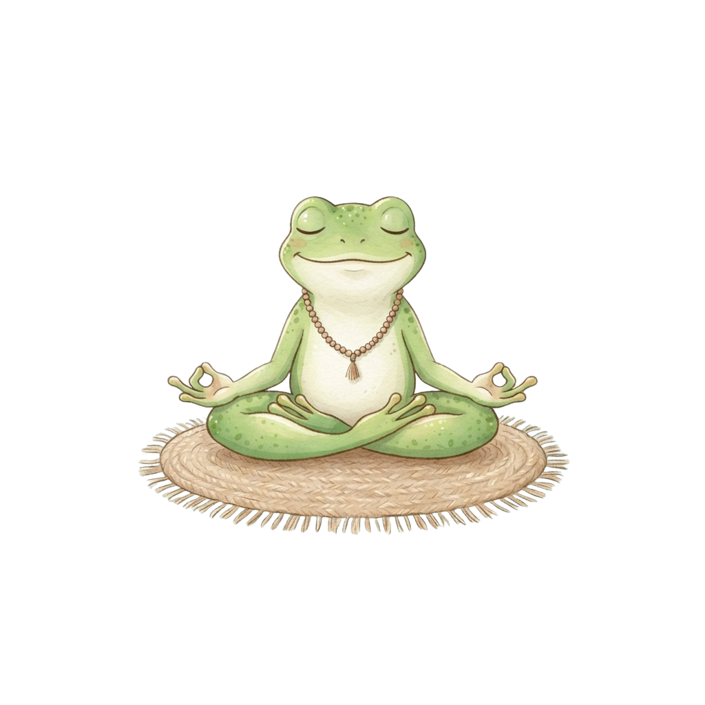 A green cartoon frog sitting in a meditative lotus position on a woven mat with a beaded necklace around its neck