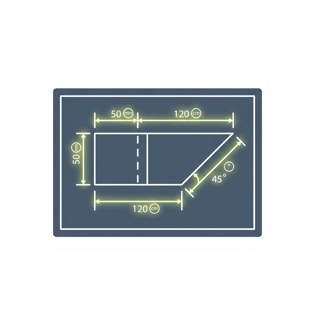 Diagram showing tennis court dimensions with a 45-degree angle line and measurements in centimeters