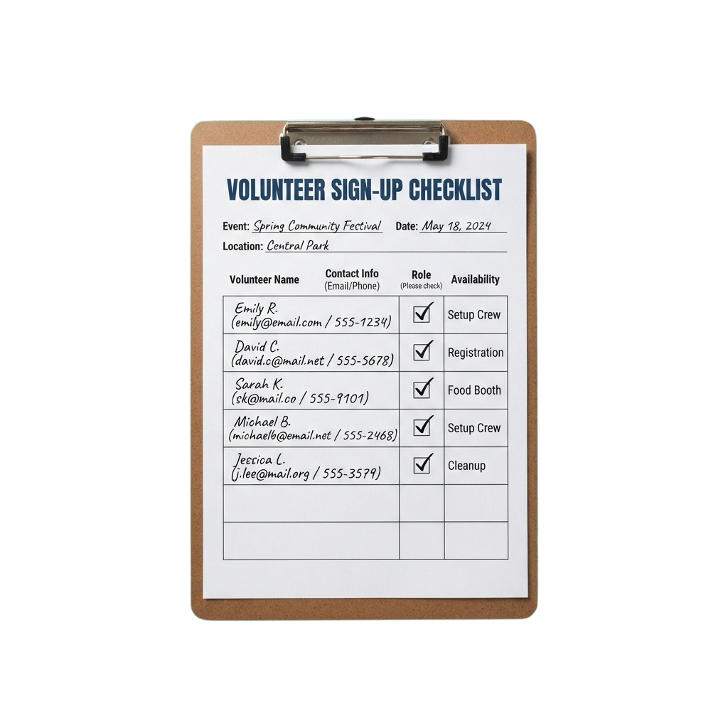 Clipboard showing volunteer sign-up checklist for Spring Community Festival with names, roles, and contact info