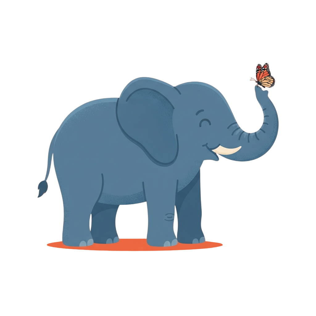 A friendly blue cartoon elephant reaching its trunk toward a colorful butterfly