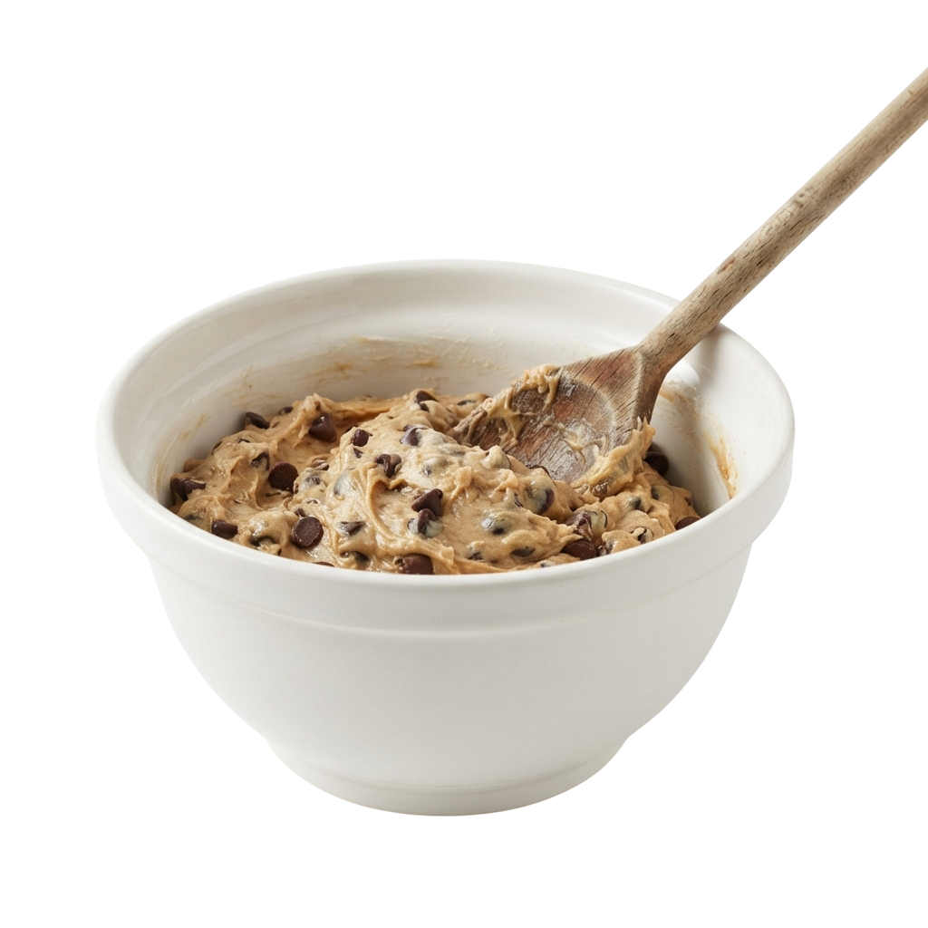 A white bowl filled with chocolate chip cookie dough ice cream and a wooden spoon inside
