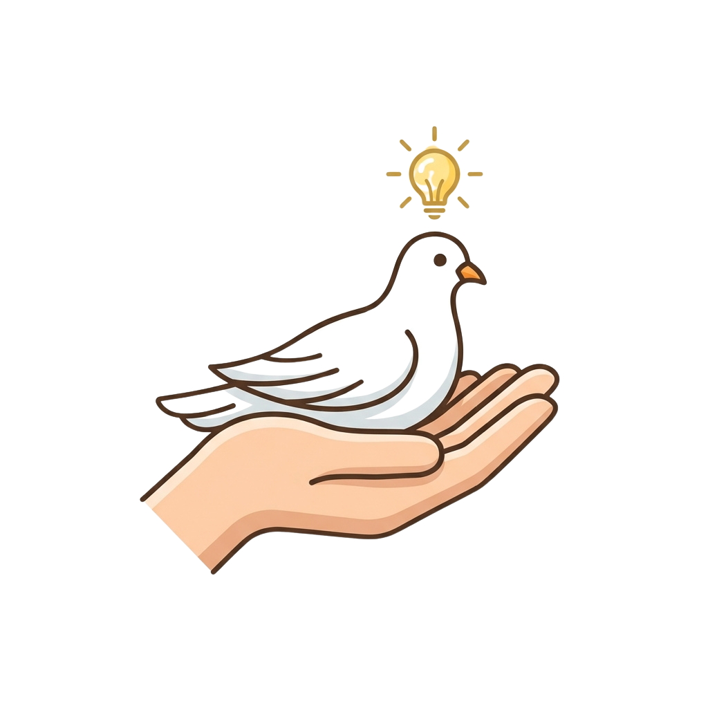 A hand gently holding a white dove with a glowing lightbuld above its head on a black background