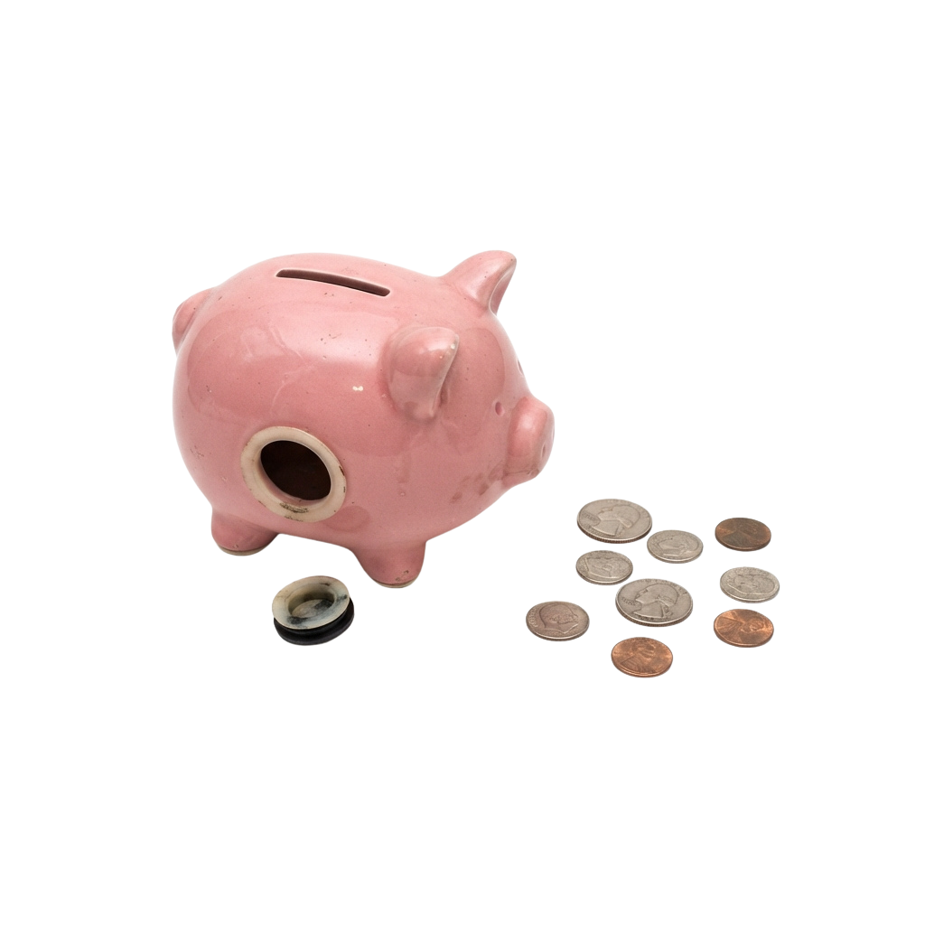 Pink ceramic piggy bank with a coin slot, a single coin on the ground, and several coins scattered nearby