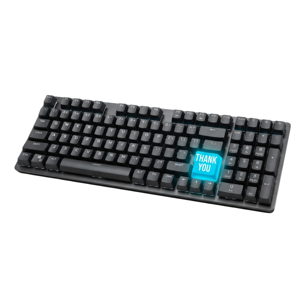 Mechanical keyboard featuring illuminated thank you message on a single keycap