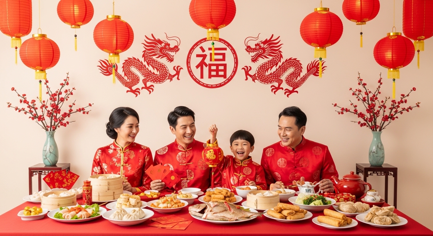 Happy Asian Family Celebrating Lunar New Year Feast with Red Lanterns, Dragons & Traditional Attire - Feature Imagefeb17 1