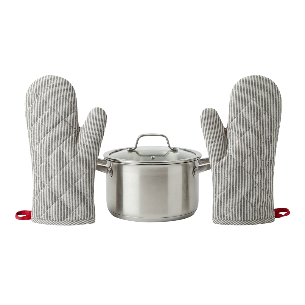 A stainless steel pot with lid and two gray striped oven mitts with red accents on the wrists