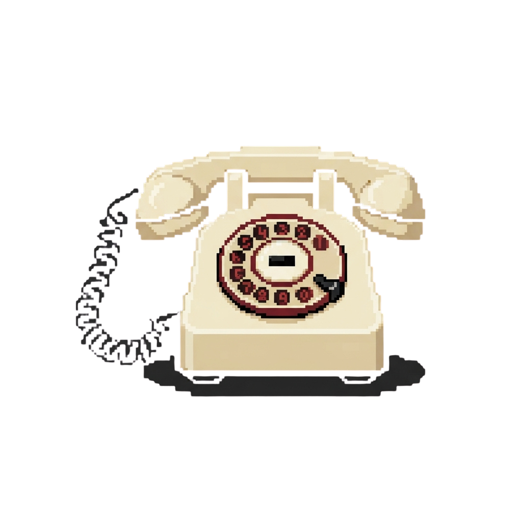 A retro-style rotary dial telephone with a beige body and red number dial, shown in pixel art style