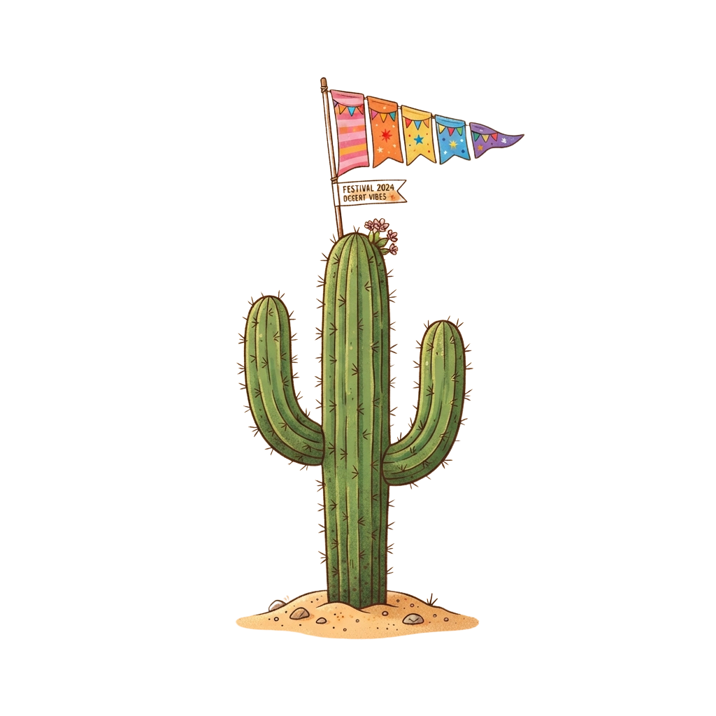 A green cactus with arms standing on sandy ground, holding a colorful flag with stars and stripes