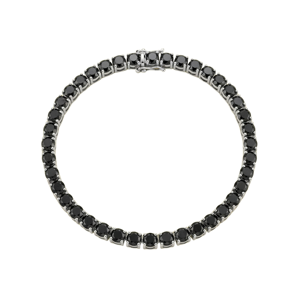 A silver bracelet featuring round black diamonds set in a continuous row with a clasp closure