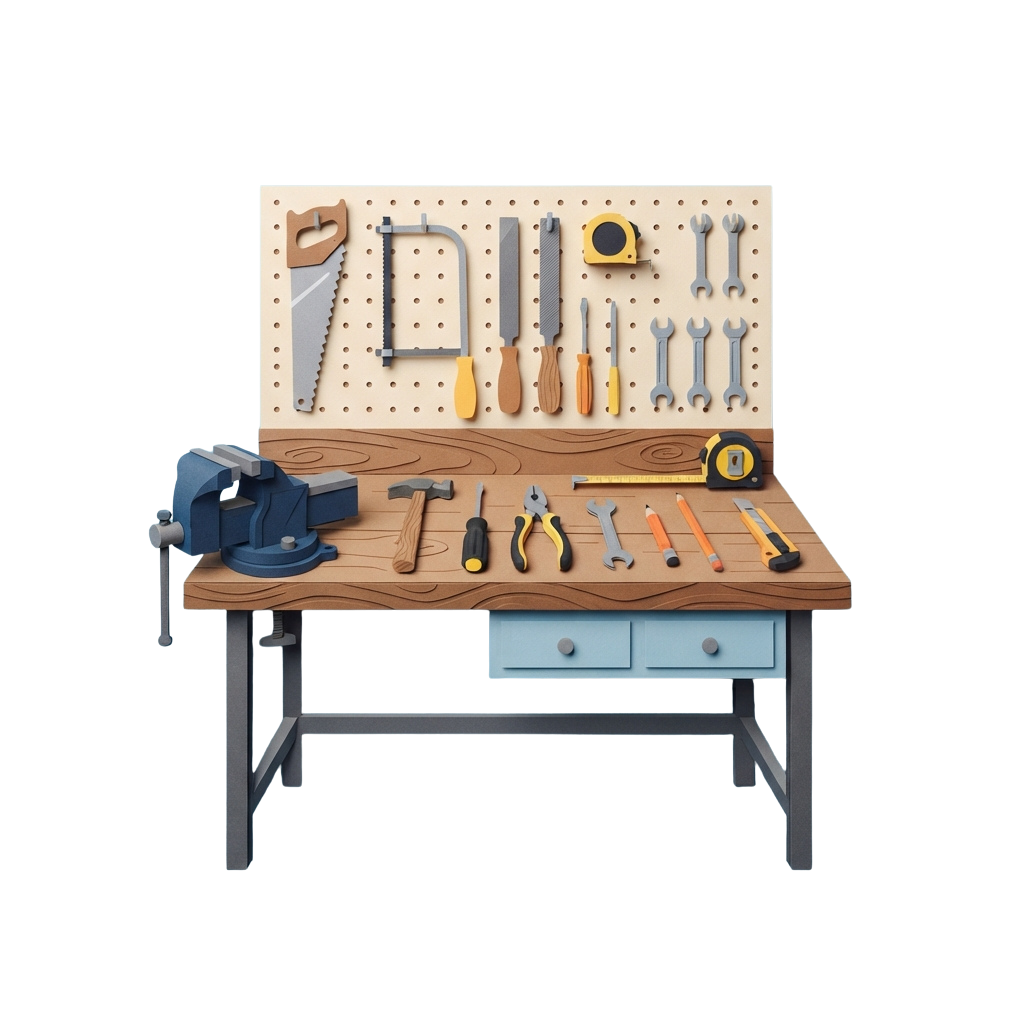 A workbench with various hand tools like wrenches, pliers, hammers, and a vise mounted on a wooden table with pegboard tool storage above.