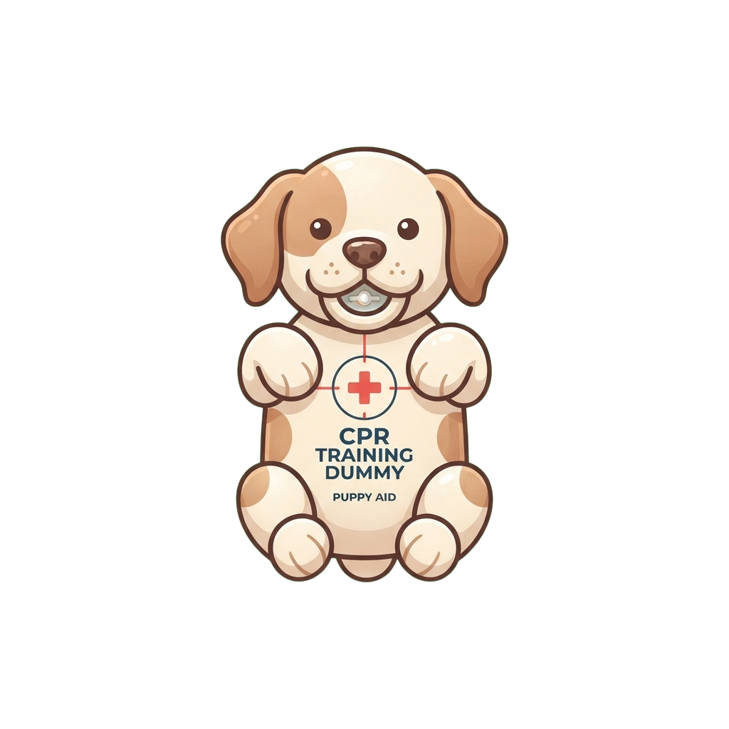 Illustration of a cartoon puppy CPR training dummy with a medical cross symbol and text on its chest