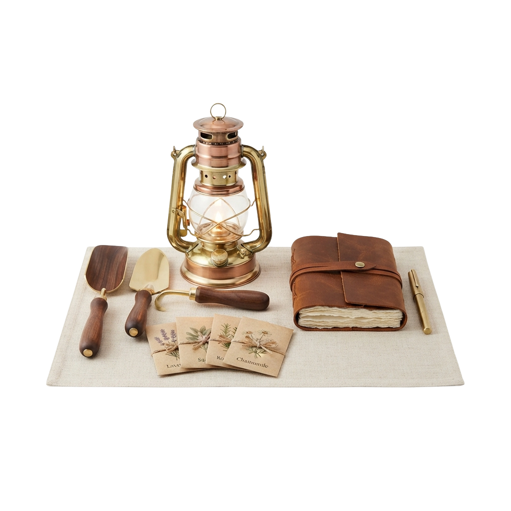 A vintage writing set featuring a brass lantern, leather journal, wooden tools, and herbal tags on a cloth