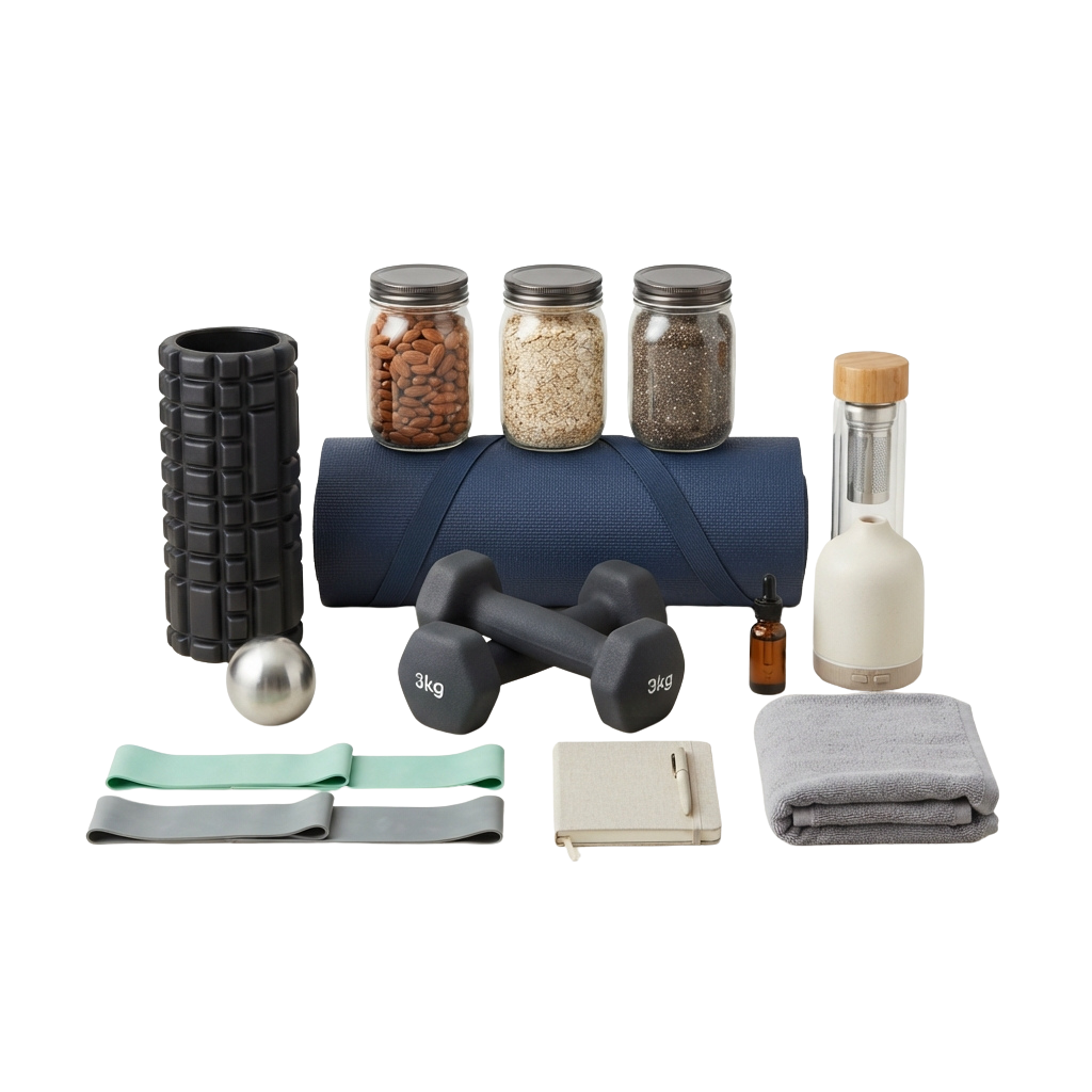 Assorted fitness equipment including foam roller, dumbbells, massage balls, jars of grains, towels, and essential oil bottle.