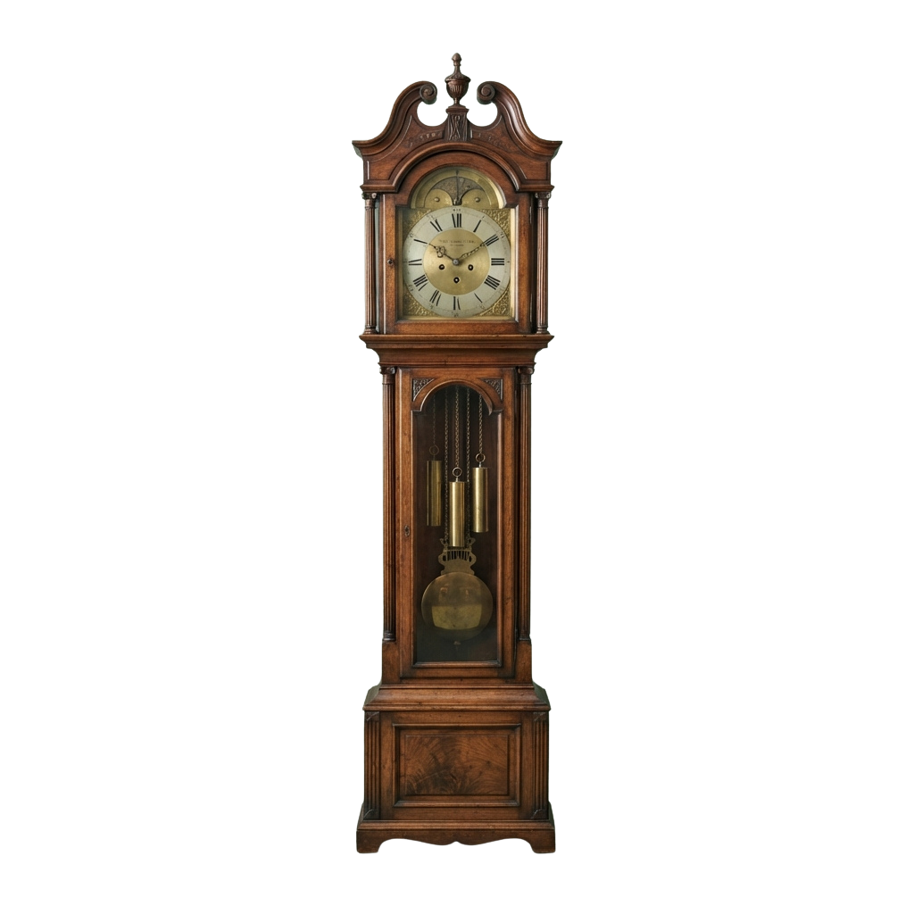 A tall wooden grandfather clock with a visible pendulum and Roman numerals on the clock face