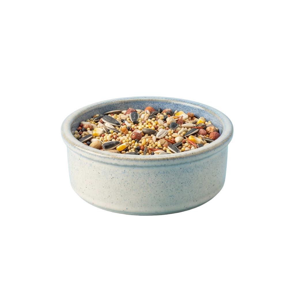 A ceramic bowl containing a variety of mixed birdseed against a black background