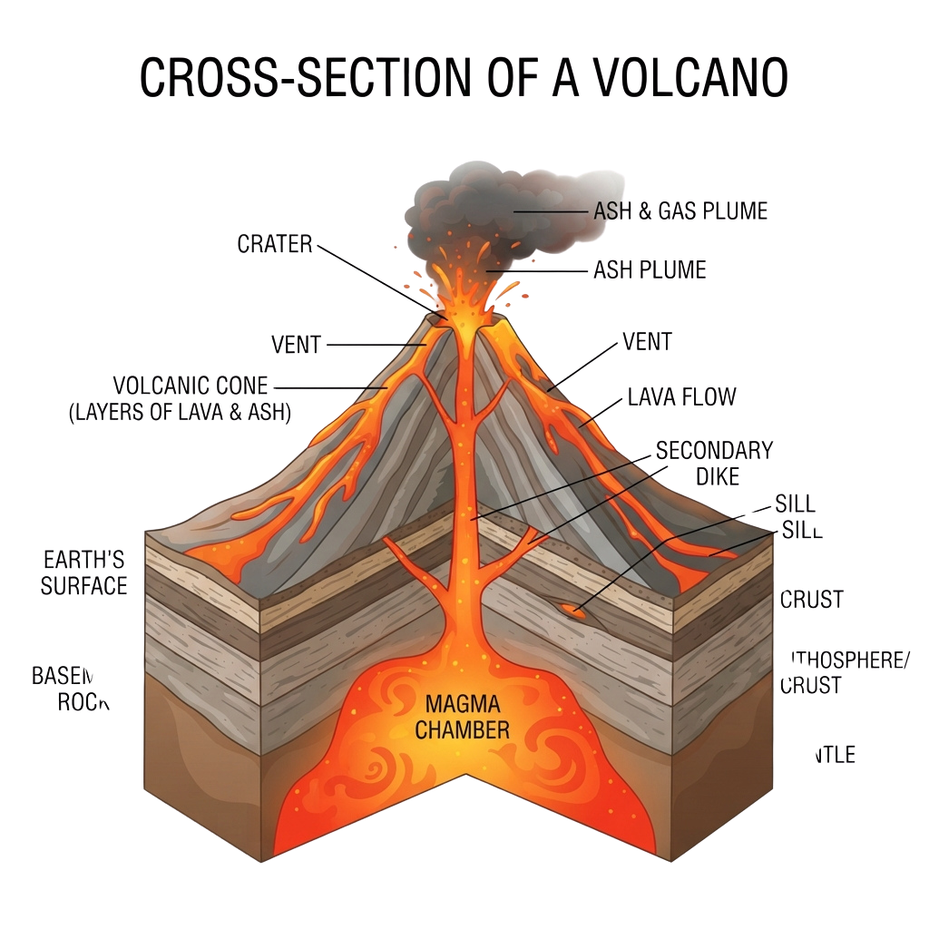 Diagram of a volcano cross-section illustrating its internal parts and eruption with labels