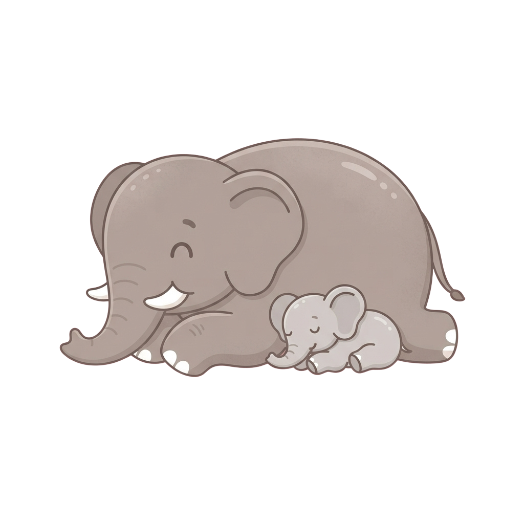 A cartoon adult elephant and baby elephant lying down together in a close embrace.