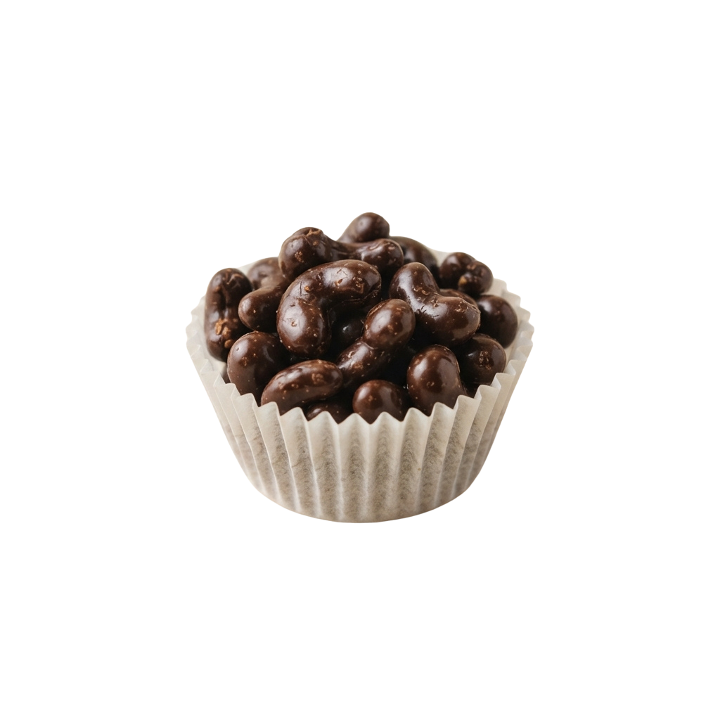 A single chocolate truffle filled with chocolate pieces in a white paper cup