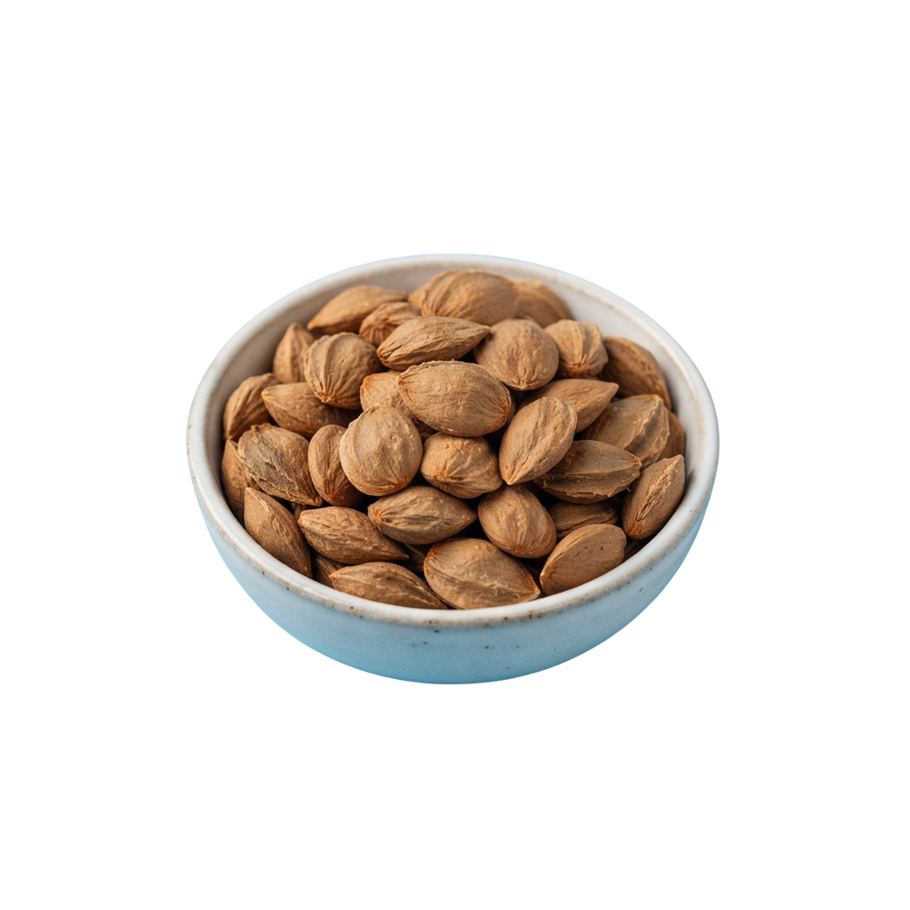 A white bowl filled with whole natural almonds against a black background