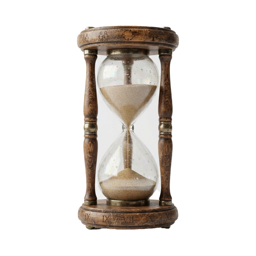 An antique hourglass with sand flowing between two glass bulbs, framed in carved wooden handles and base.