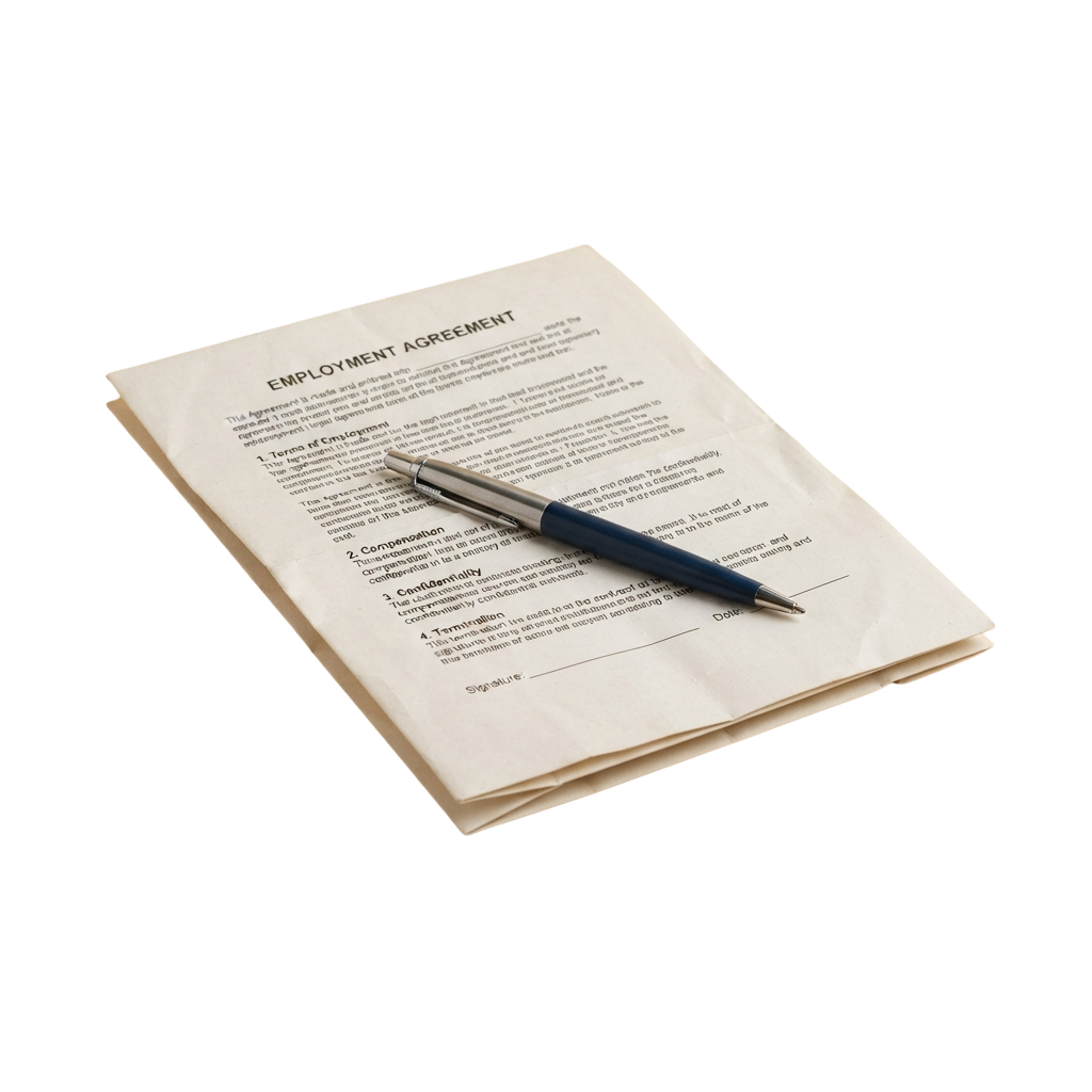 A printed employment agreement document with a pen resting on top, ready for signature