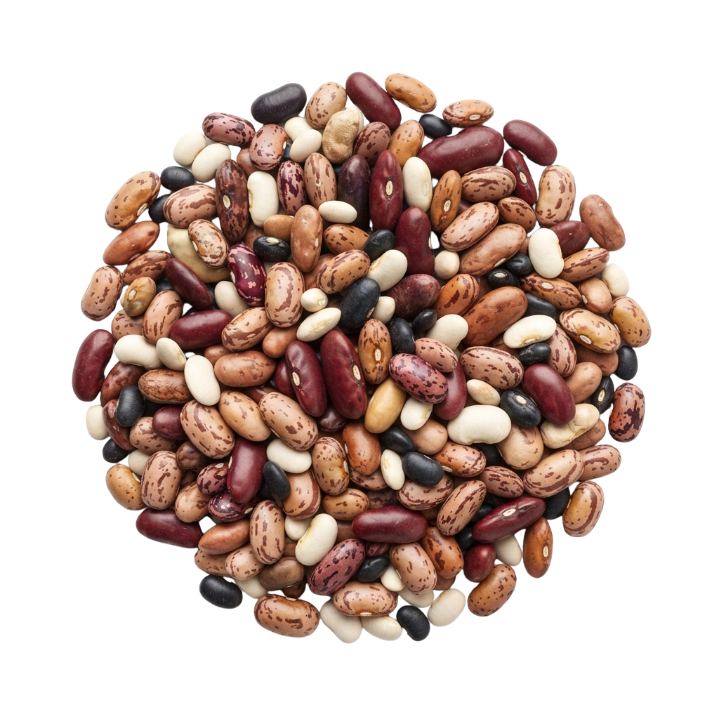 A collection of different types of dried beans in various colors and sizes