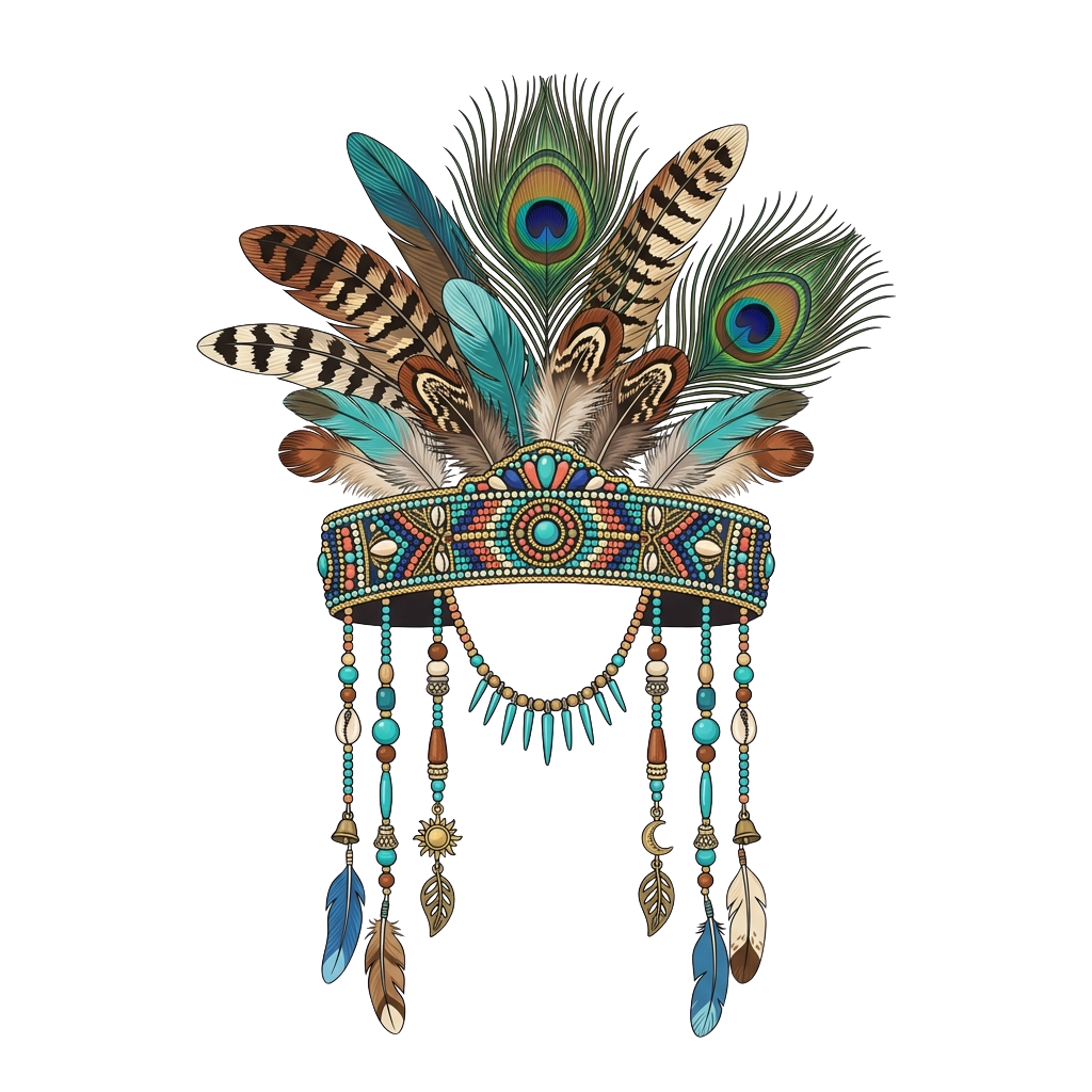 Traditional headdress adorned with colorful feathers, beads, and decorative elements on black background