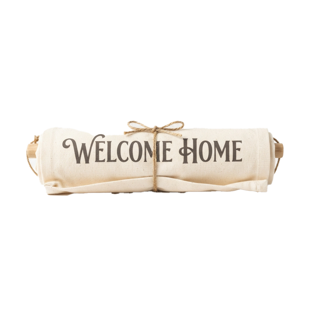 Light beige fabric roll tied with twine displaying Welcome Home in elegant script