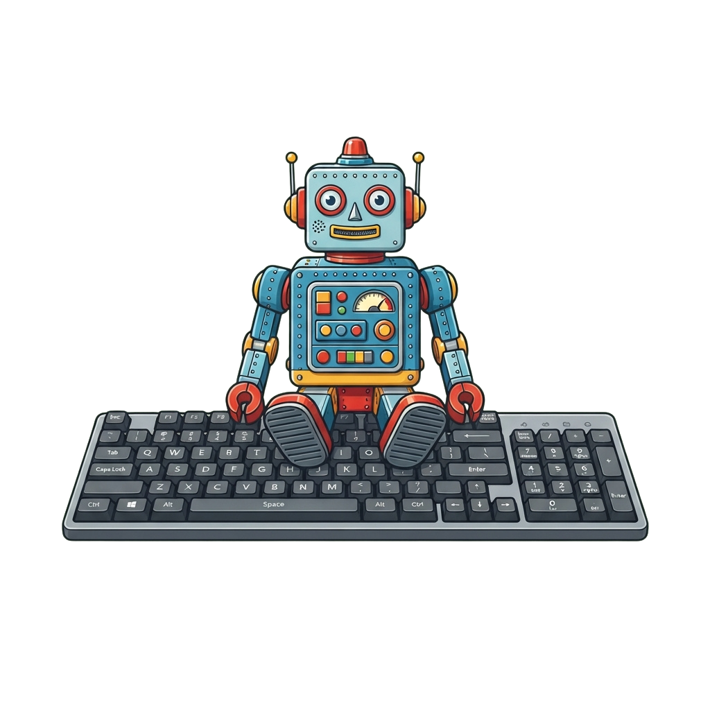 A cheerful cartoon robot sitting at a keyboard with feet on the spacebar.