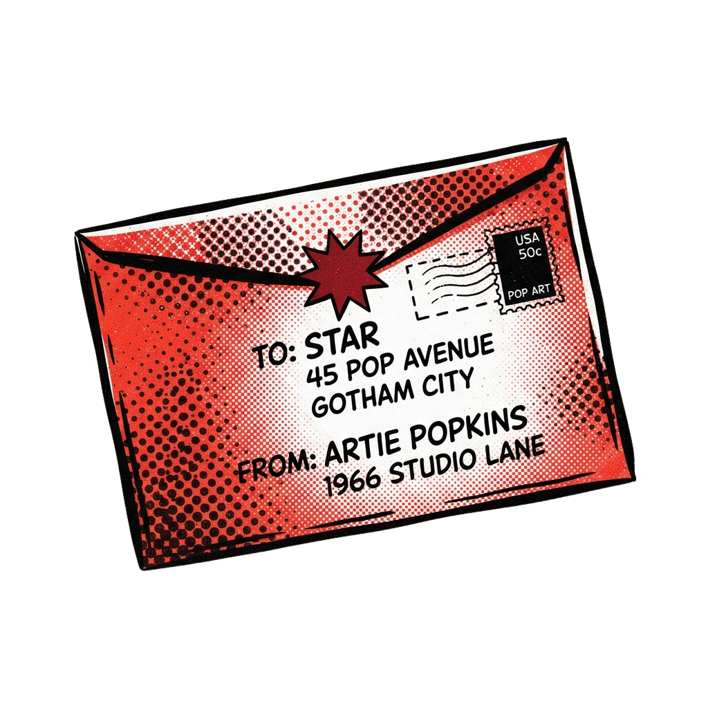 A stylized pop art envelope addressed to Star at 45 Pop Avenue, Gotham City, with a 50-cent stamp and sender Artie Popkins.